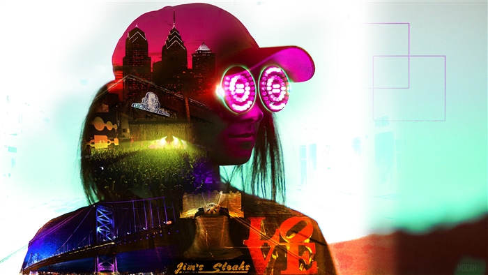 Double exposure of a person with Philadelphia skyline and concert