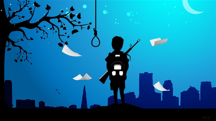 Silhouette of a boy with a rifle and backpack