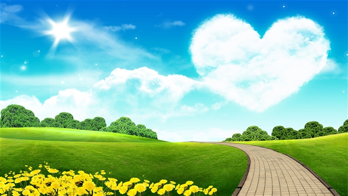 Heart Cloud in a Sunny Sky Over Green Hills