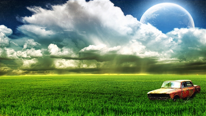 Old Car in a Field Under a Large Moon and Clouds 4K