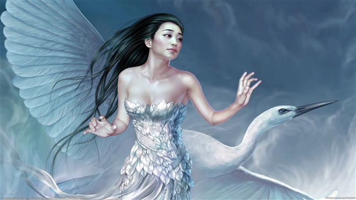 CG Asian Girl with Wings and Crane 4K