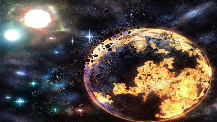 Planet with asteroids and stars in space