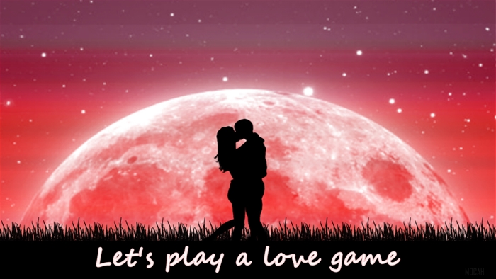 Couple kissing in front of a large red moon