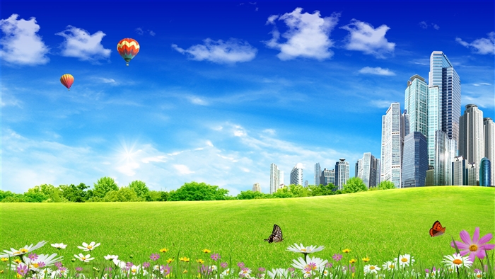 Fantasy Cityscape with Hot Air Balloons and Butterflies 4K