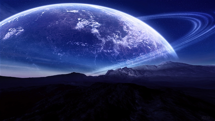 Planet with rings seen from a rocky surface