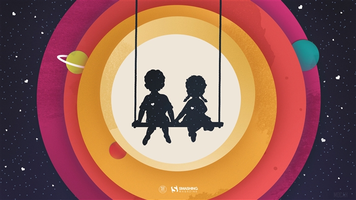 Children on a swing in space with planets