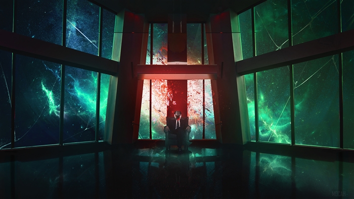 Man in suit sitting in chair with cosmic background