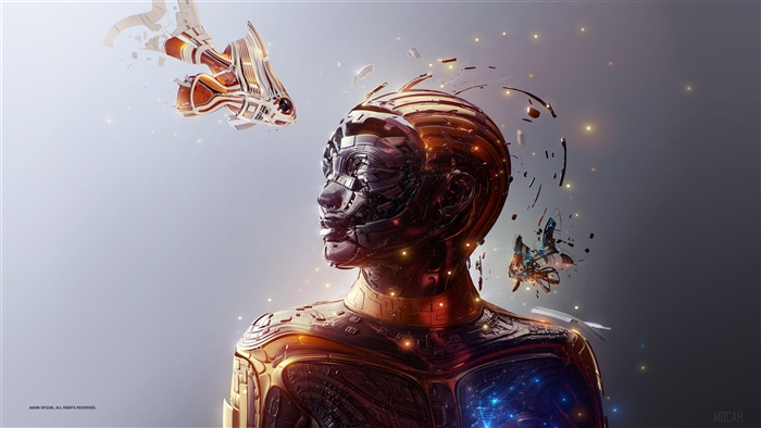 Abstract robotic bust with flying mechanical fish