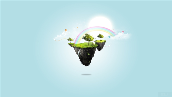 Floating Islands with Rainbow and Sun 4K