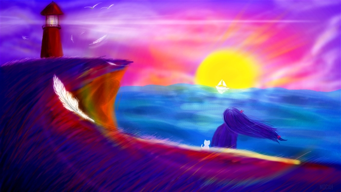 Girl and cat by lighthouse at sunset 4K