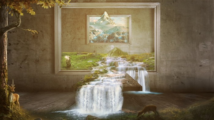 Waterfall painting with mountain landscape and deer