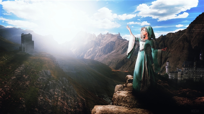 Woman in green praying in mountains 4K