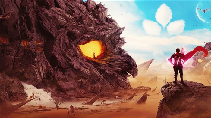 Fantasy landscape with dragon-like rock formation and warrior