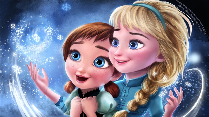 Anna and Elsa from Frozen with magical snowflakes 4K
