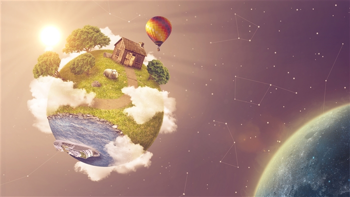 Floating island planet with a house and hot air balloon