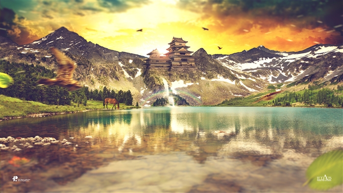 Ancient Castle on Mountain by Lake at Sunrise 4K