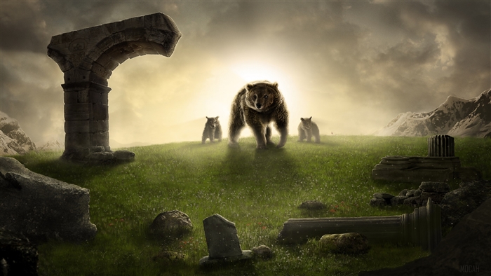 King Bear and cubs in ancient ruins 4K