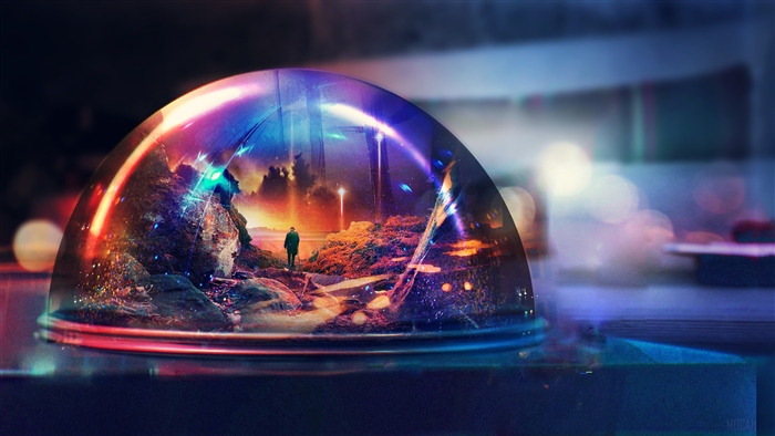 Man in a glass dome with a surreal landscape