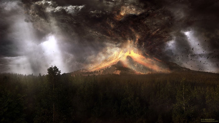 Volcano erupting with burning skies and birds