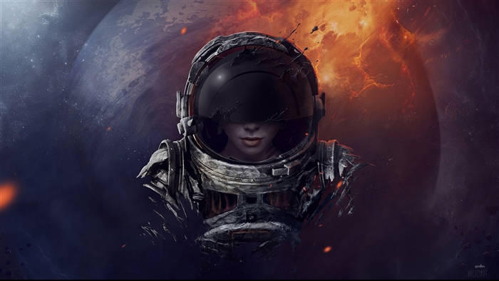 Astronaut in space with planets and nebula