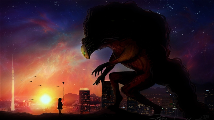 Girl with heart balloon and giant creature over city at sunset
