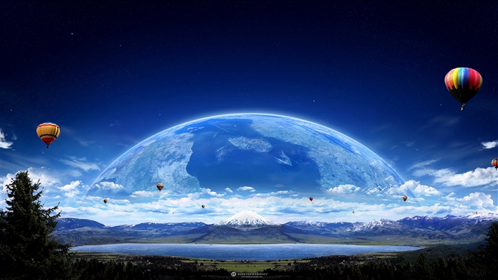 Hot Air Balloons Over Planet Landscape 4K