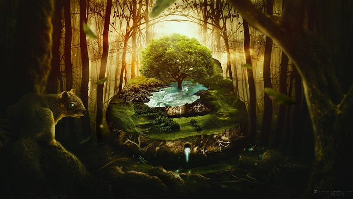 Fantasy Forest Island with Tree and Squirrel