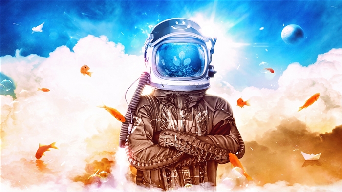 Astronaut with fish in helmet in clouds 4K