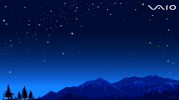 VAIO logo against a starry night sky over mountains