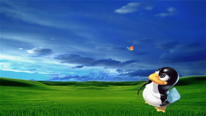 Tux the Linux penguin hunting a butterfly