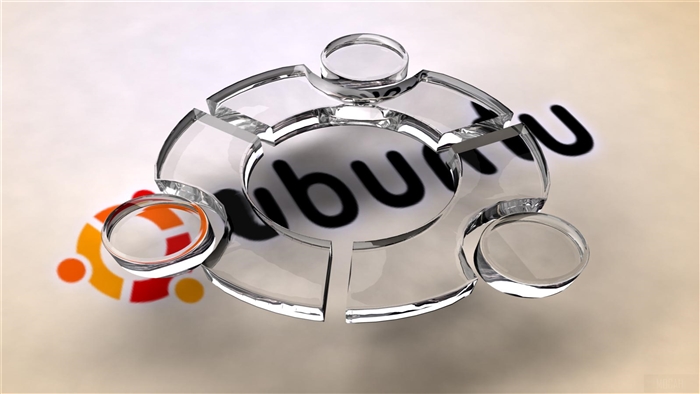 Ubuntu logo made of glass with text