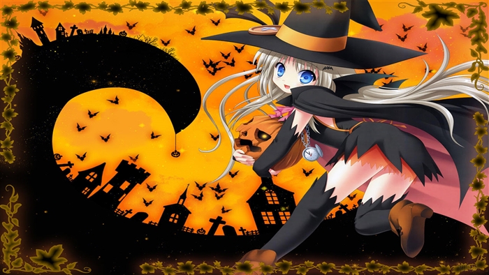 Anime Witch Girl Holding Jack-o'-lantern 4K