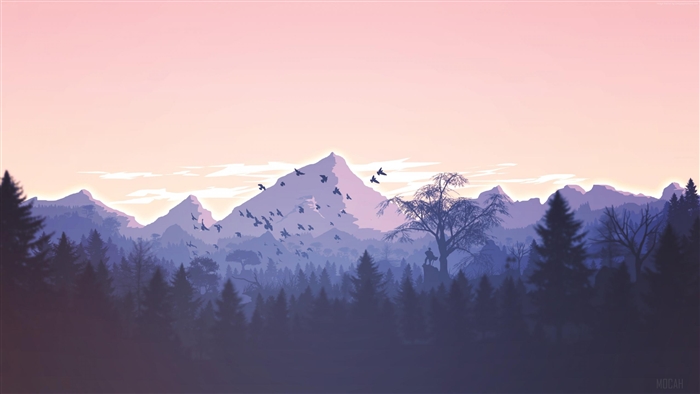 Violet mountains and forest with birds and a statue