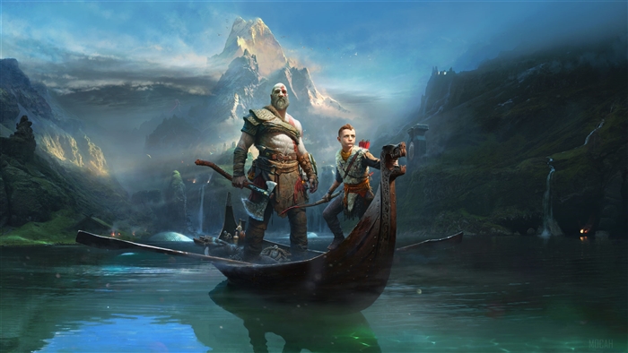 Kratos and Atreus in a boat from God of War 4K