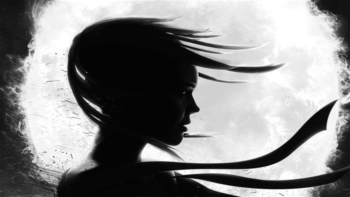 Silhouette of a woman with windblown hair in front of a bright light