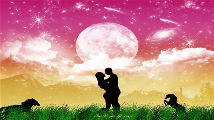 Couple Embracing Under a Large Moon with Stars and Horses