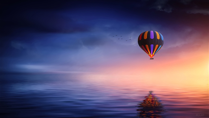 Hot Air Balloon Over Water at Sunset 4K