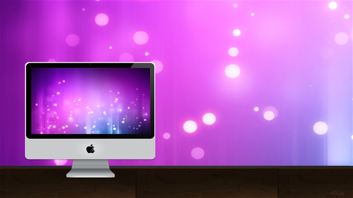 iMac with purple bokeh wallpaper