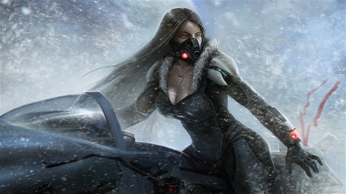Woman in futuristic gear on a snowmobile in snowstorm 4K