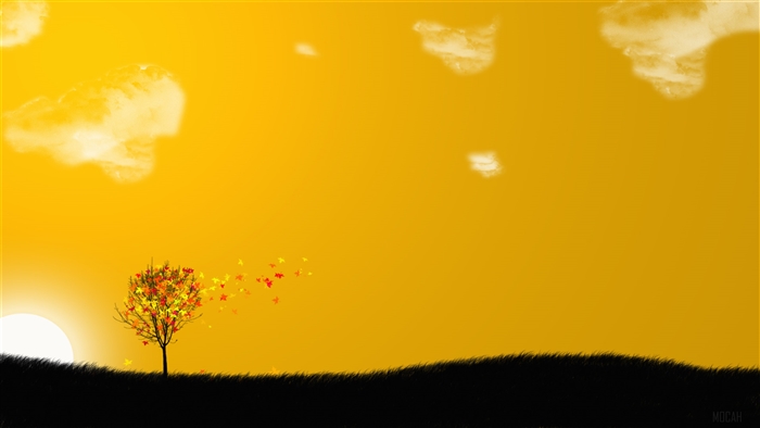 Sunset with Silhouette Tree and Flying Leaves