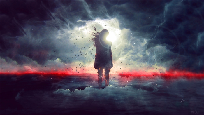 Girl in a dreamlike, stormy landscape 4K