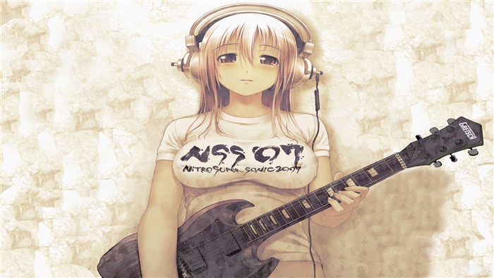 Anime girl with headphones and guitar 4K