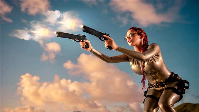 Lara Croft Cosplayer Firing Dual Pistols 4K