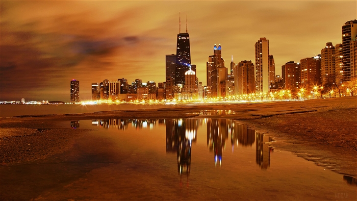 Chicago skyline at night with reflections