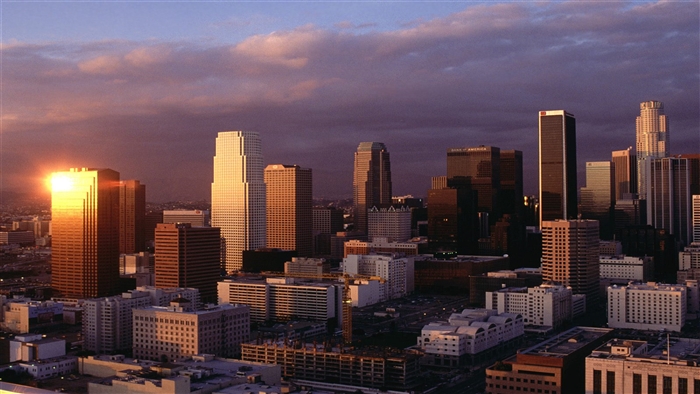 Downtown Los Angeles skyline at sunset 4K