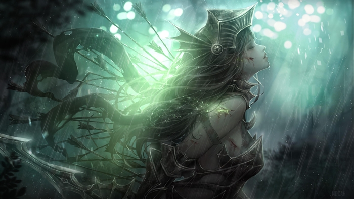 Woman pierced by arrows in the rain