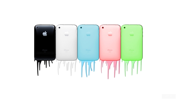 Five iPhones in different colors with dripping paint