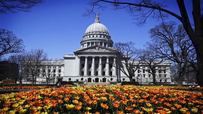 Wisconsin State Capitol Building with Tulips