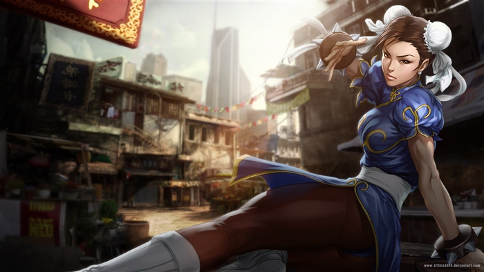 Chun-Li from Street Fighter in a city