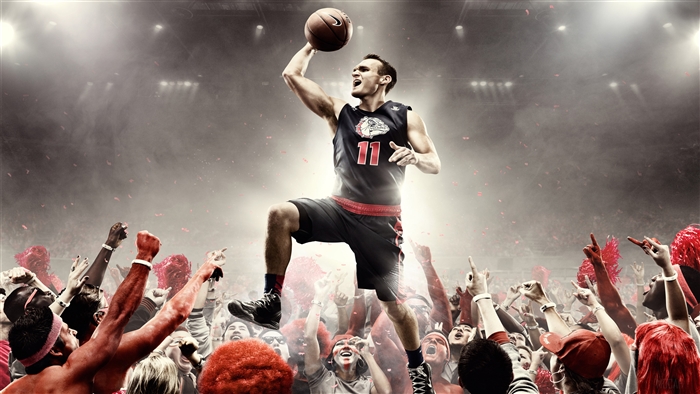 Basketball player with Nike ball and cheering crowd